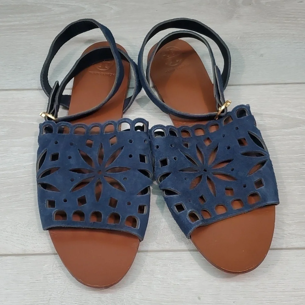 Tory Burch Womens May  Ankle Leather Suede Flats Sandals shoes sz 10M